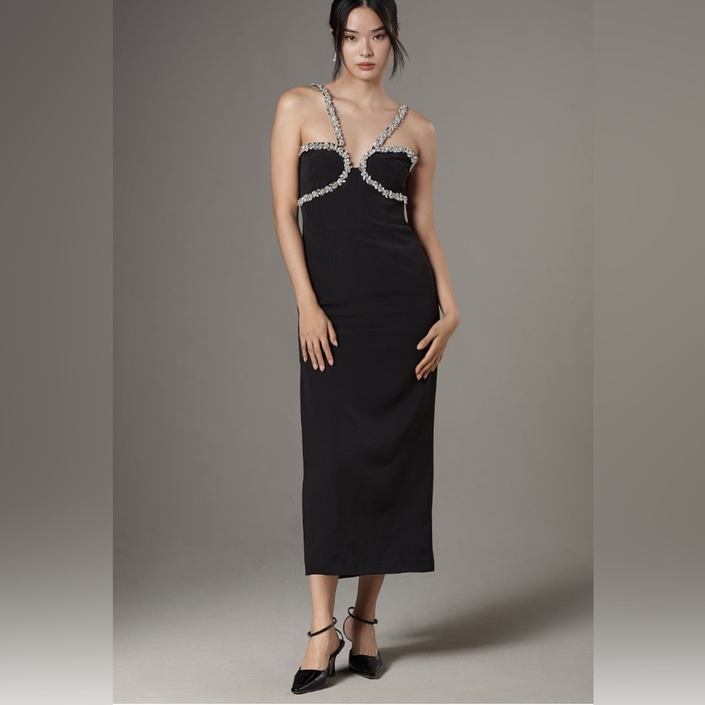 Anthropologie Black Midi Dress with Silver Accents